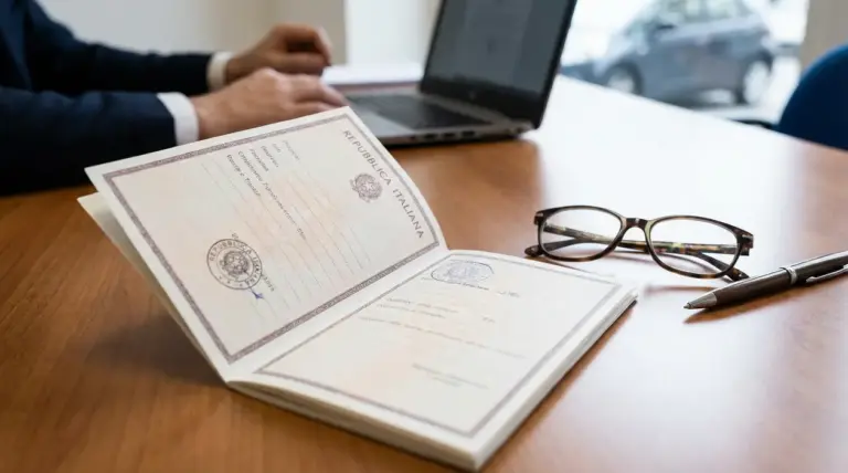 Documento ufficiale della Repubblica Italiana su una scrivania con occhiali e penna