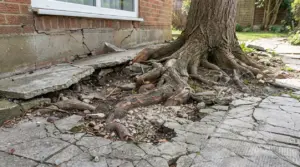 Radici di un albero che danneggiano le fondamenta e il marciapiede di una casa
