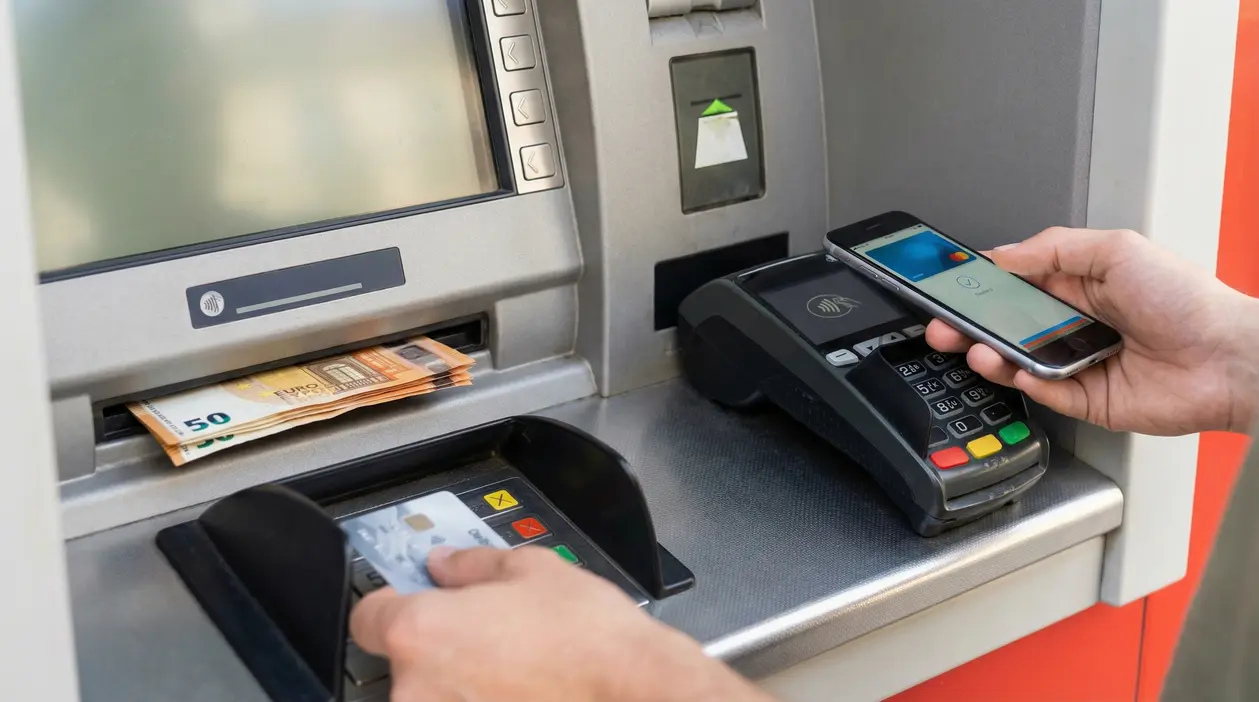 Persona utilizza un bancomat con carta mentre un'altra effettua un pagamento contactless con smartphone