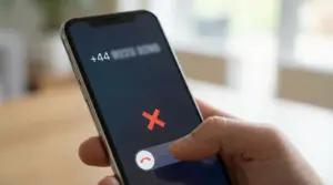Una mano rifiuta una chiamata ricevuta da un numero con prefisso +44 su uno smartphone
