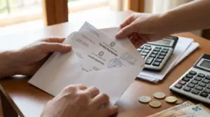 Due mani tengono una cartella esattoriale con calcolatrici e soldi su un tavolo