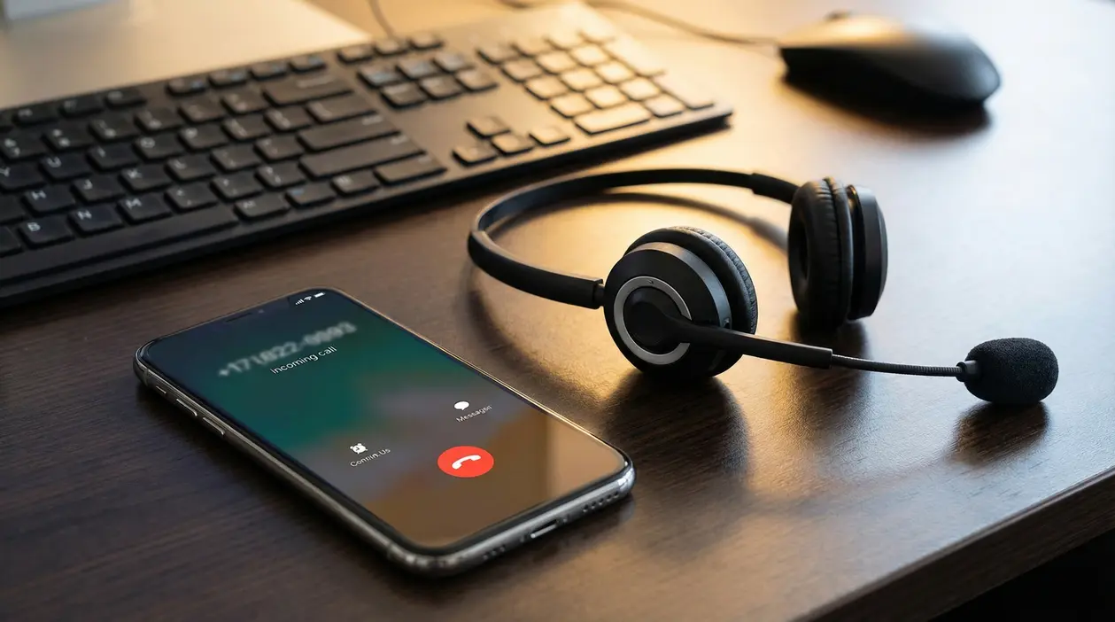 Smartphone con chiamata in arrivo accanto a cuffie con microfono su una scrivania