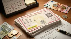 Buoni fruttiferi postali su una scrivania con euro e calendario