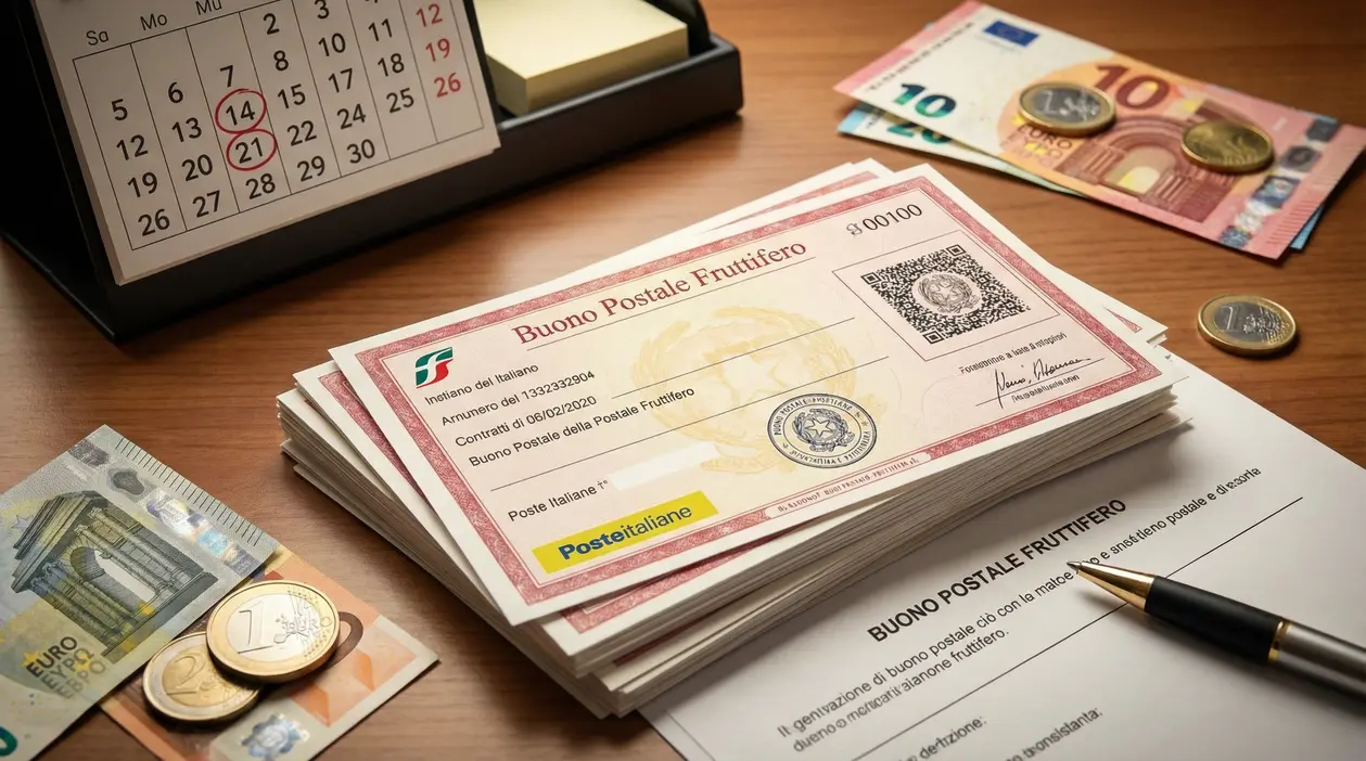 Buoni fruttiferi postali su una scrivania con euro e calendario