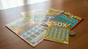 Biglietti gratta e vinci assortiti su un tavolo con una moneta accanto