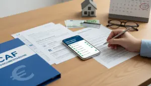 Persona compila documenti CAF con smartphone che mostra bonus disponibili