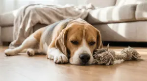 Cane sdraiato sul pavimento vicino a un gioco, con espressione annoiata