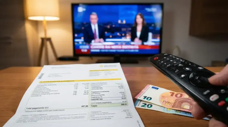 Fattura della luce su tavolo con telecomando, banconote e televisore acceso sullo sfondo