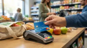 Persona utilizza una Carta Acquisti per pagare al supermercato presso un terminale POS
