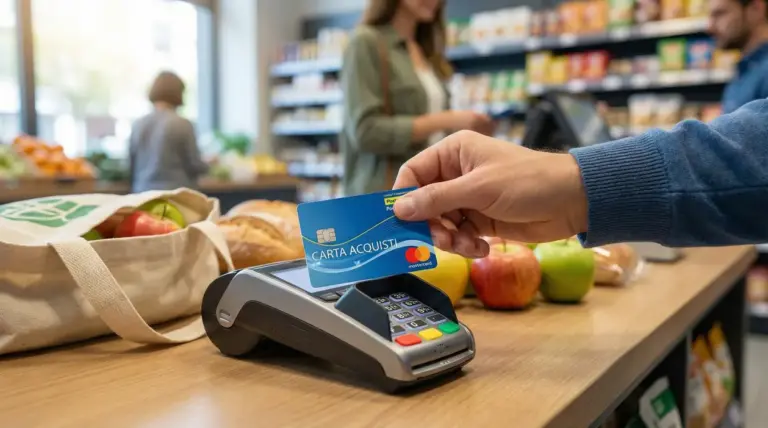 Persona utilizza una Carta Acquisti per pagare al supermercato presso un terminale POS