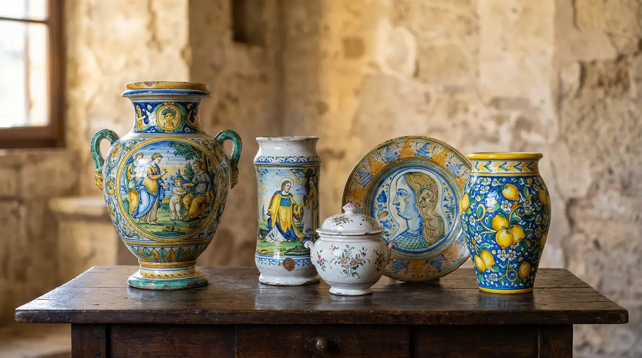 Ceramiche antiche italiane colorate esposte su un tavolo di legno