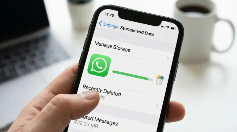 Mano che tiene uno smartphone aperto sulla schermata di gestione dello spazio di WhatsApp