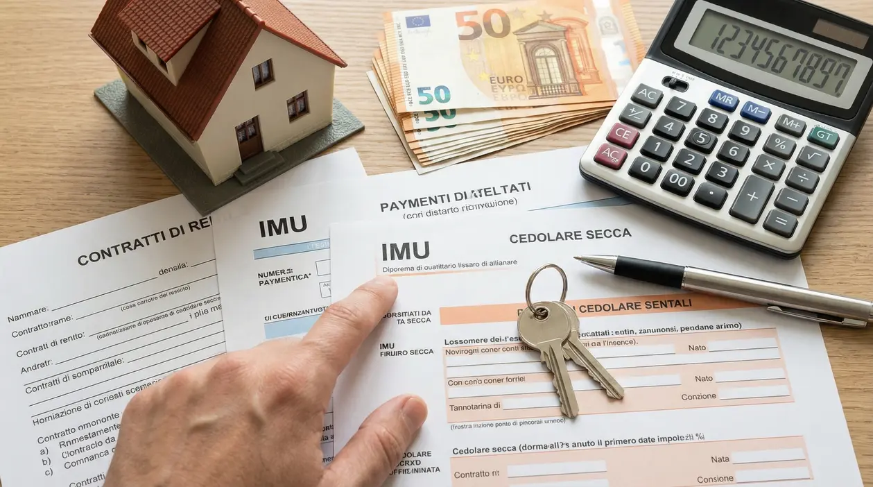 Documenti IMU e cedolare secca con calcolatrice, modello di casa, penna e mazzo di chiavi