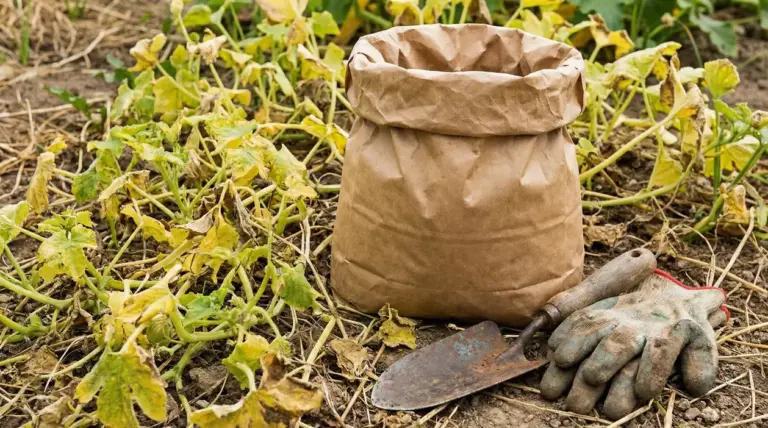 Sacco di fertilizzante accanto a piante appassite in un giardino