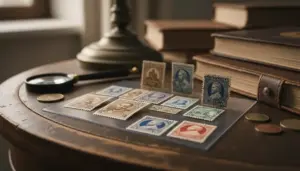 Serie di francobolli storici disposti su un tavolo accanto a una lente d’ingrandimento