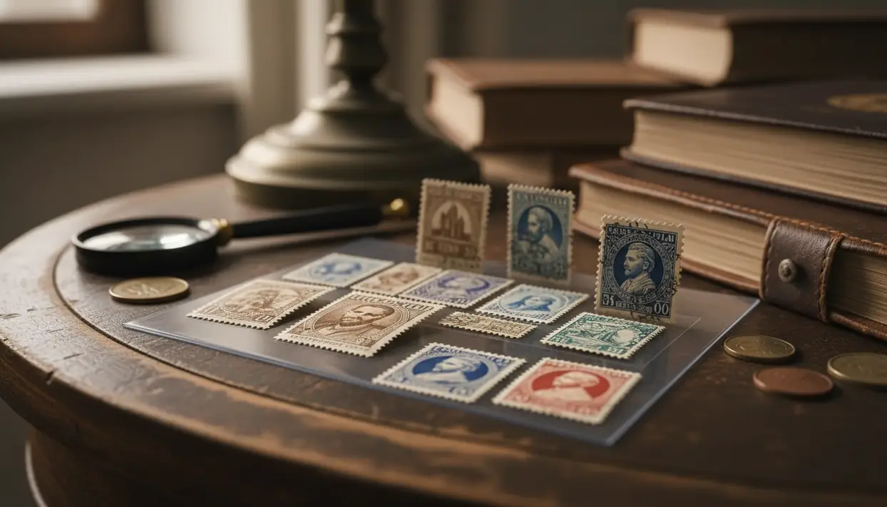 Serie di francobolli storici disposti su un tavolo accanto a una lente d’ingrandimento