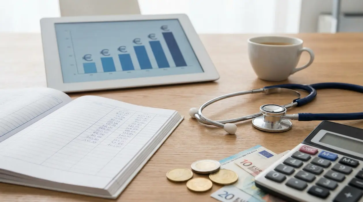 Scrivania con stetoscopio, grafico su tablet, calcolatrice, monete e quaderno contabile