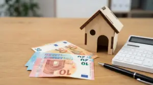 Modello di casa in legno con banconote in euro, calcolatrice e penna su un tavolo