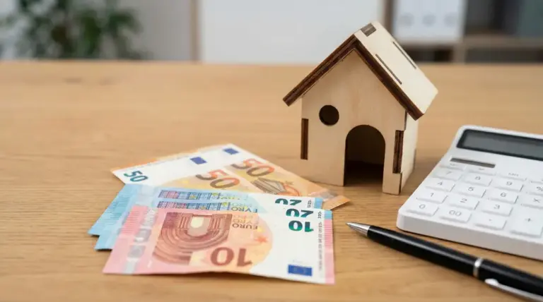 Modello di casa in legno con banconote in euro, calcolatrice e penna su un tavolo