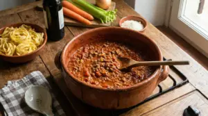 Ragù alla bolognese in pentola di terracotta con tagliatelle e ingredienti freschi su tavolo rustico