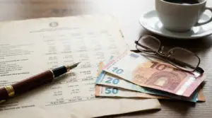 Banconote in euro, occhiali e penna su un documento cartaceo con cifre