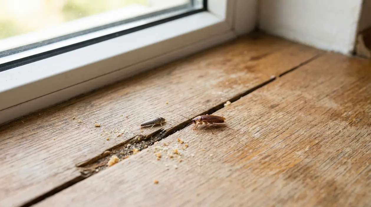 Insetti su un pavimento in legno vicino a una finestra di casa