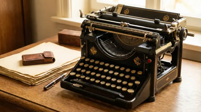 Macchina da scrivere d'epoca su una scrivania in legno accanto a fogli e una penna