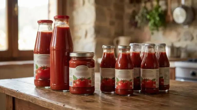 Barattoli e bottiglie di passata di pomodoro su un tavolo rustico in una cucina.