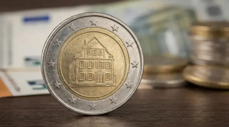 Moneta da due euro con una casa incisa in primo piano su un tavolo