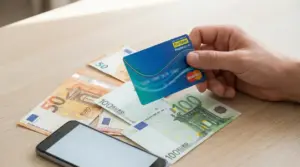 Mano che tiene una carta Postepay vicino a banconote in euro e uno smartphone su un tavolo