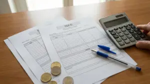 Documenti ISEE su un tavolo con una penna, monete e una calcolatrice