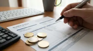 Mano che compila una busta paga con monete su una scrivania
