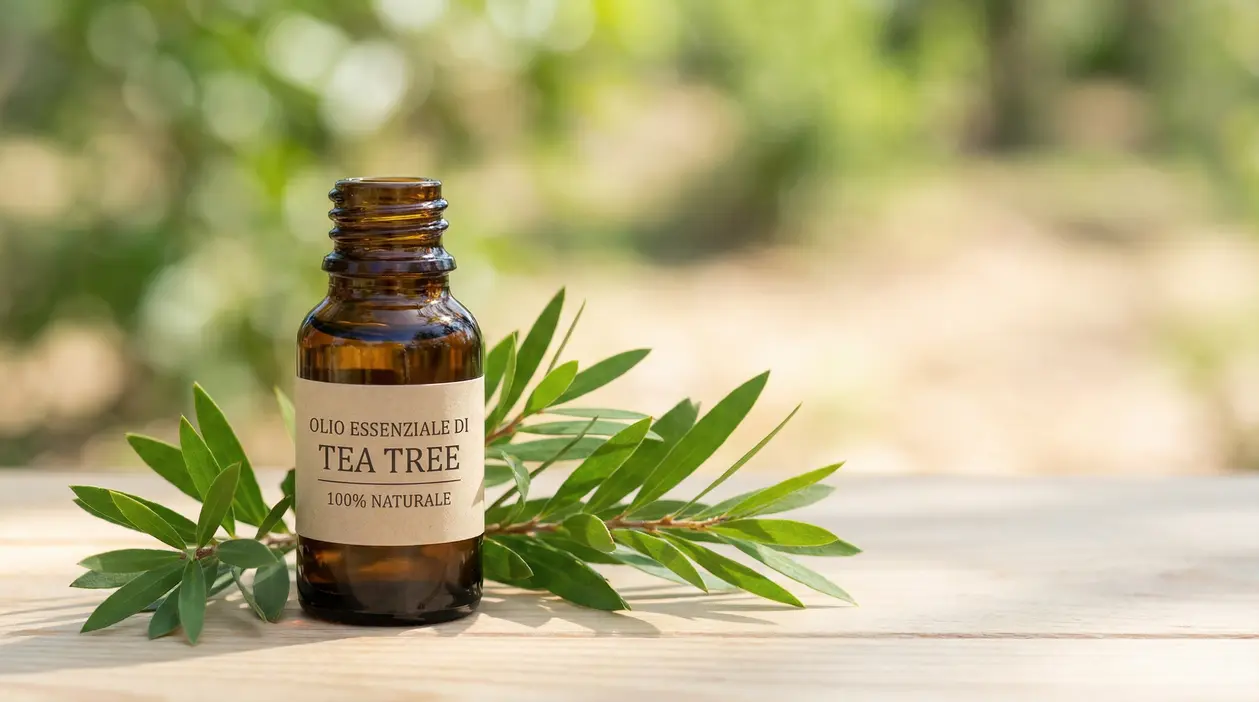 Boccetta di olio essenziale di tea tree con foglie verdi su sfondo naturale