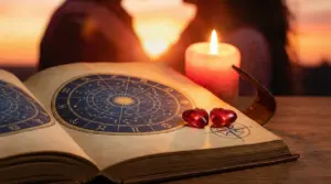 Libro astrologico con segni zodiacali, cuori decorativi e candela accesa in sfondo romantico