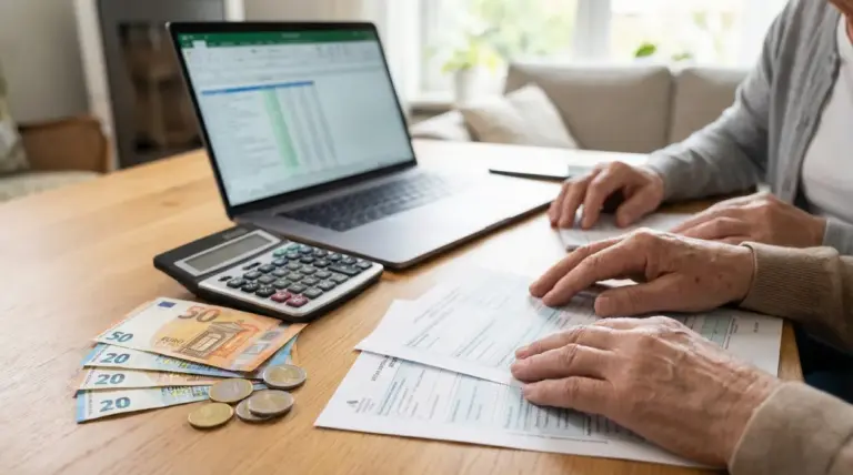 Due persone analizzano documenti finanziari con un computer, calcolatrice e banconote in euro sul tavolo