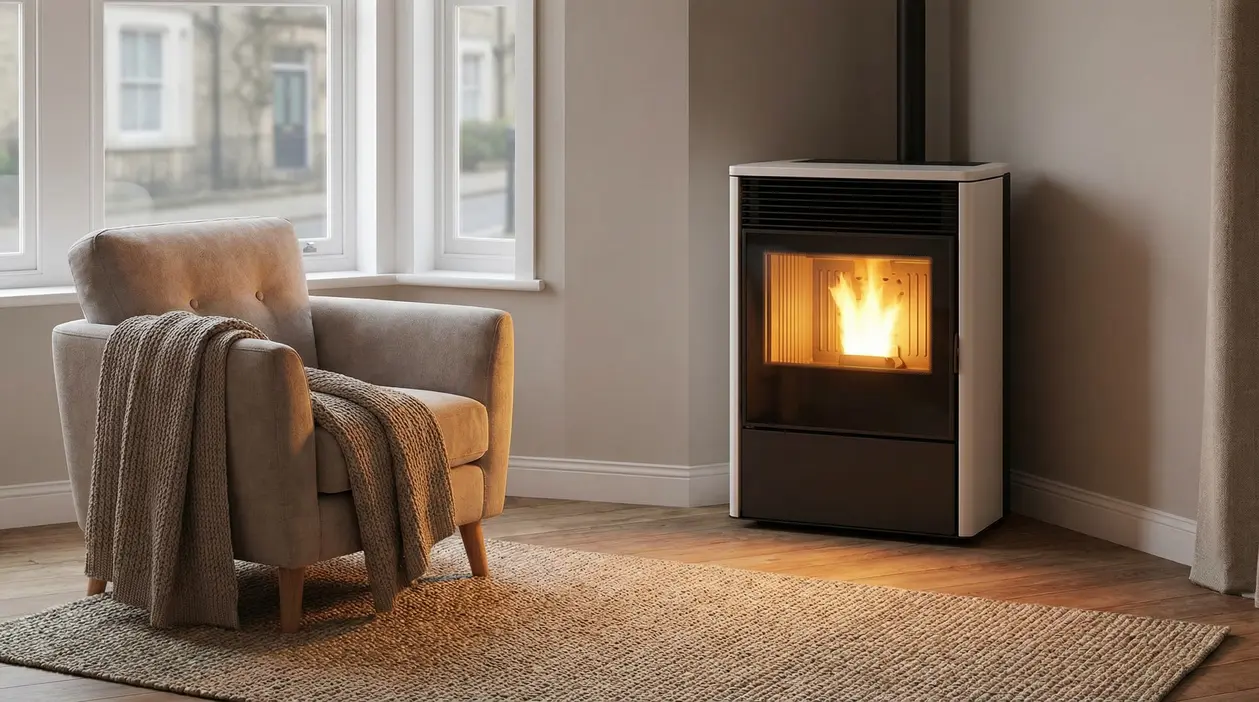 Stufa moderna accesa accanto a una poltrona in un salotto accogliente