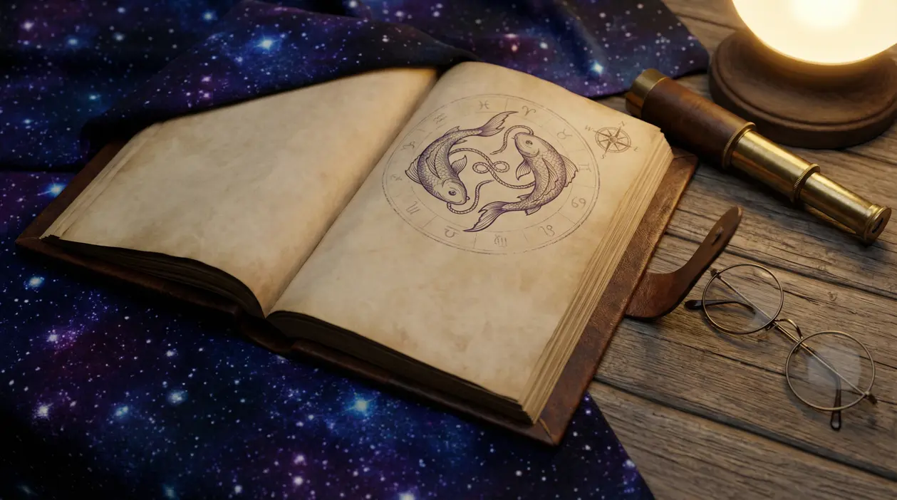 Libro aperto con illustrazione del segno zodiacale dei Pesci su una scrivania con elementi astronomici