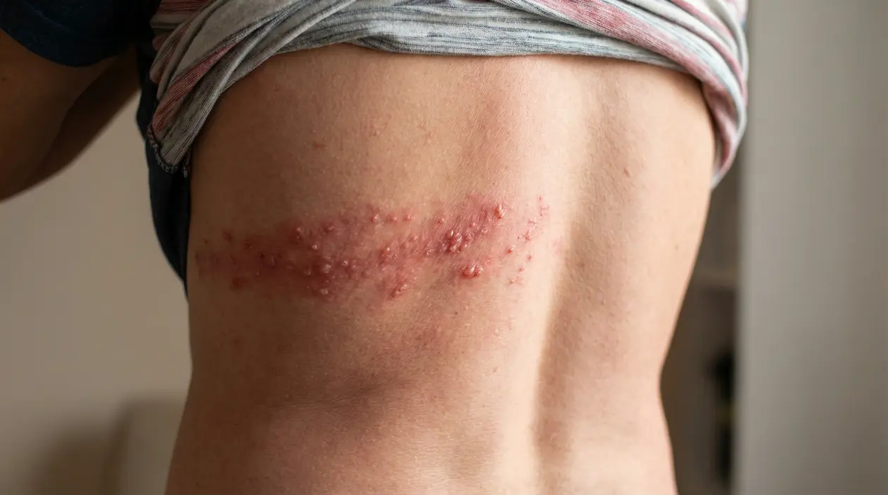 Eruzione cutanea da herpes zoster sul fianco di una persona