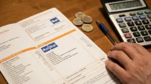 Una mano accanto a una bolletta elettrica con addebito del canone Rai, una calcolatrice e alcune monete su un tavolo
