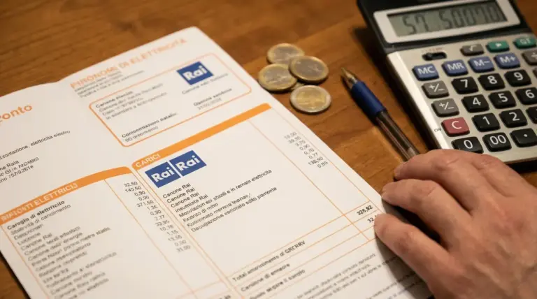 Una mano accanto a una bolletta elettrica con addebito del canone Rai, una calcolatrice e alcune monete su un tavolo