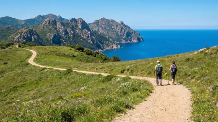 Due escursionisti su un sentiero panoramico lungo la costa italiana con vista sul mare.