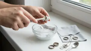 Mani che puliscono un anello d'argento con uno spazzolino sopra una ciotola con soluzione detergente