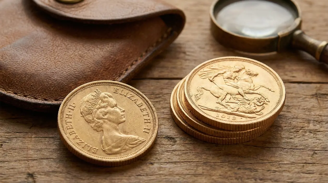 Sterline d'oro su un tavolo in legno accanto a una lente d'ingrandimento e un portamonete