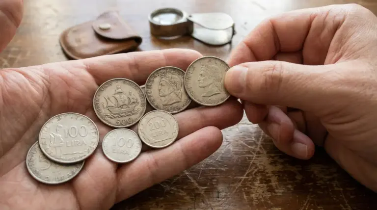 Vecchie monete italiane in lire d'argento tenute tra le mani di una persona