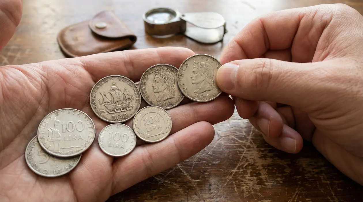 Vecchie monete italiane in lire d'argento tenute tra le mani di una persona