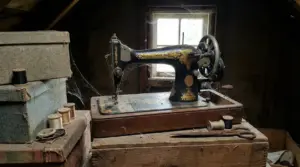 Vecchia macchina da cucire nel solaio accanto a scatole e rocchetti di filo