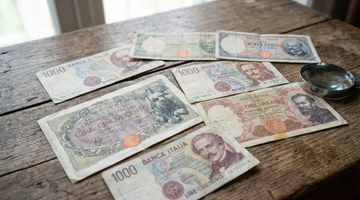 Vecchie banconote italiane sparse su un tavolo di legno accanto a una lente d'ingrandimento