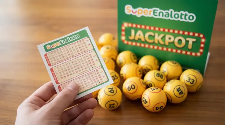 Mano che tiene una schedina del SuperEnalotto vicino a palline numerate e cartello con scritta Jackpot