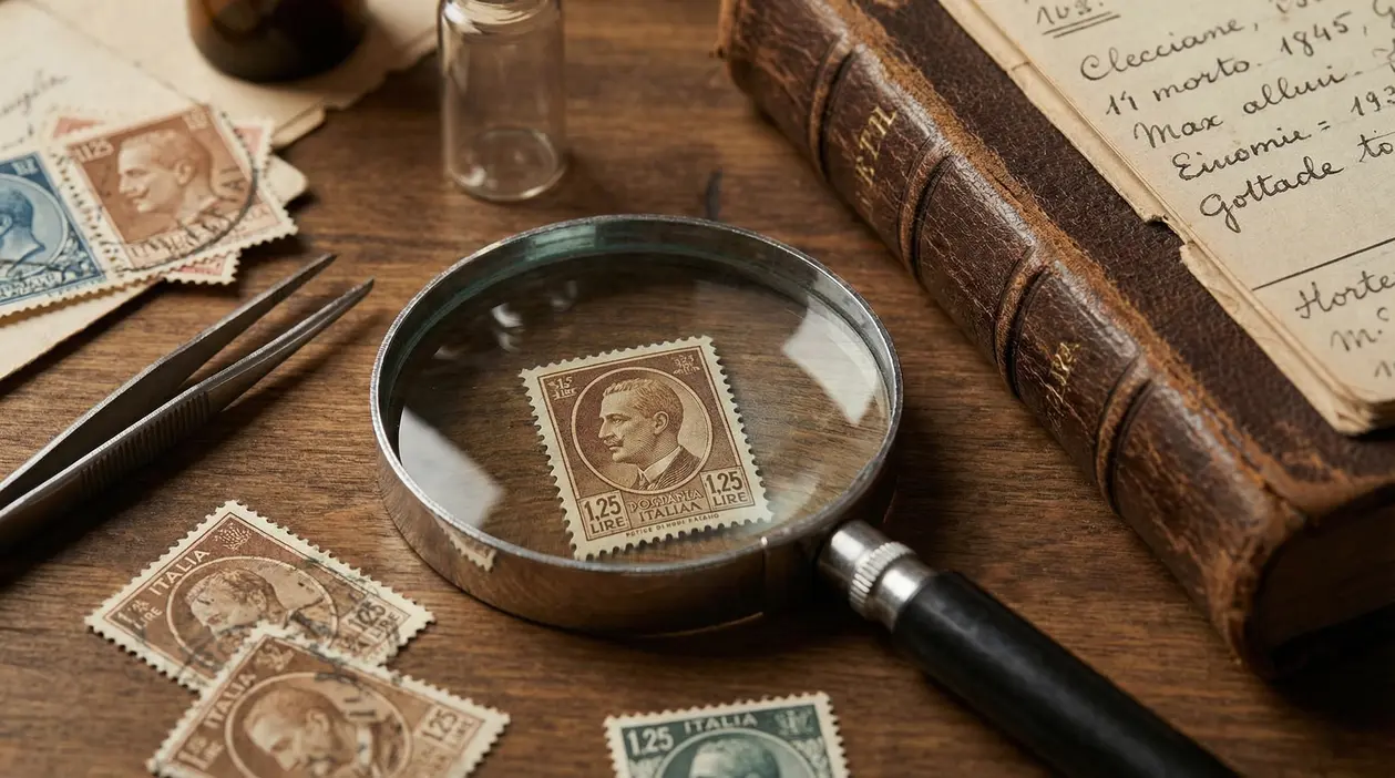 Francobollo italiano da 1,25 lire Michetti osservato con lente d’ingrandimento su tavolo con altri francobolli e pinzette