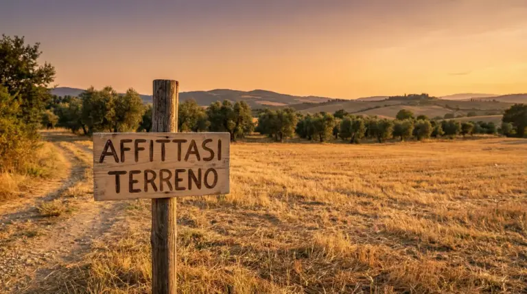 Cartello su palo in un campo con ulivi al tramonto, che richiama l’idea di affittare un terreno inutilizzato